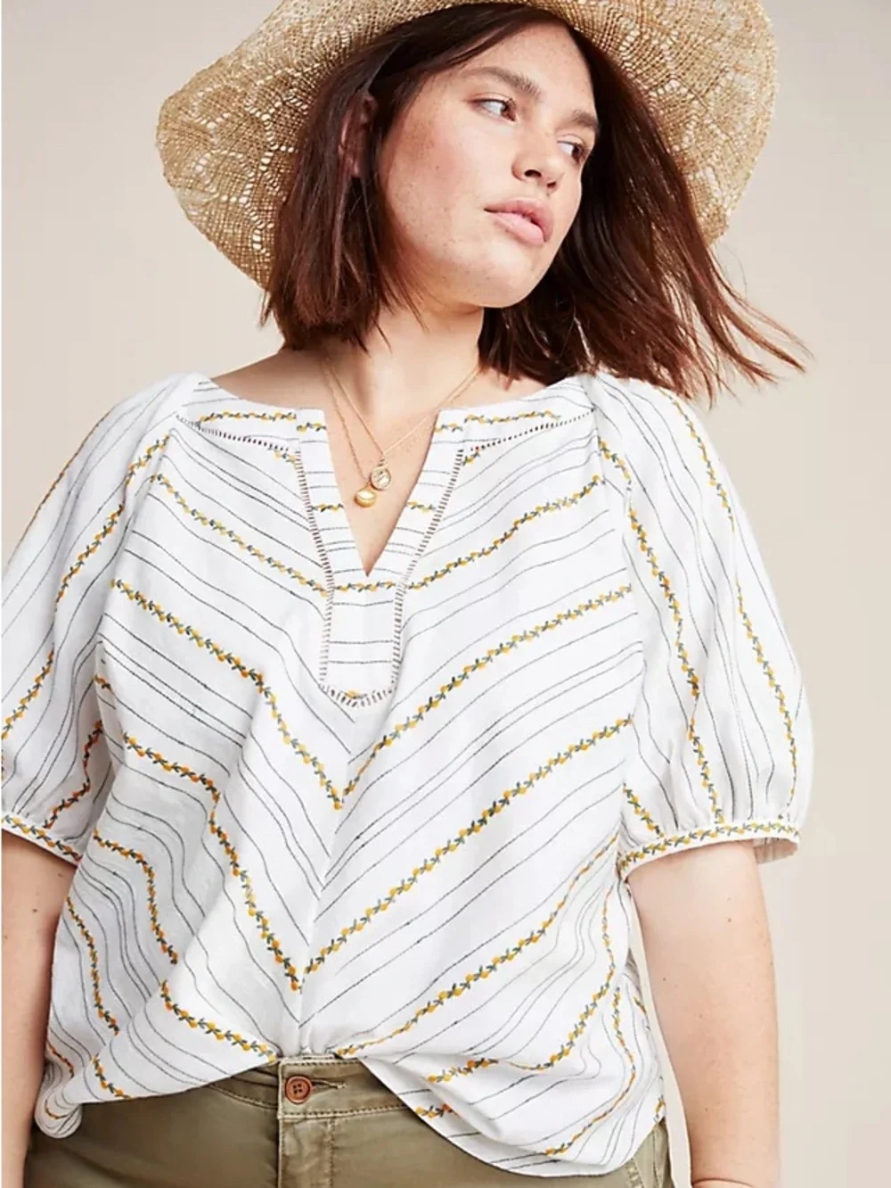Anthropologie Maeve Fruit Puff-Sleeved Top Embroidered Chevron Split-Neck Top 12